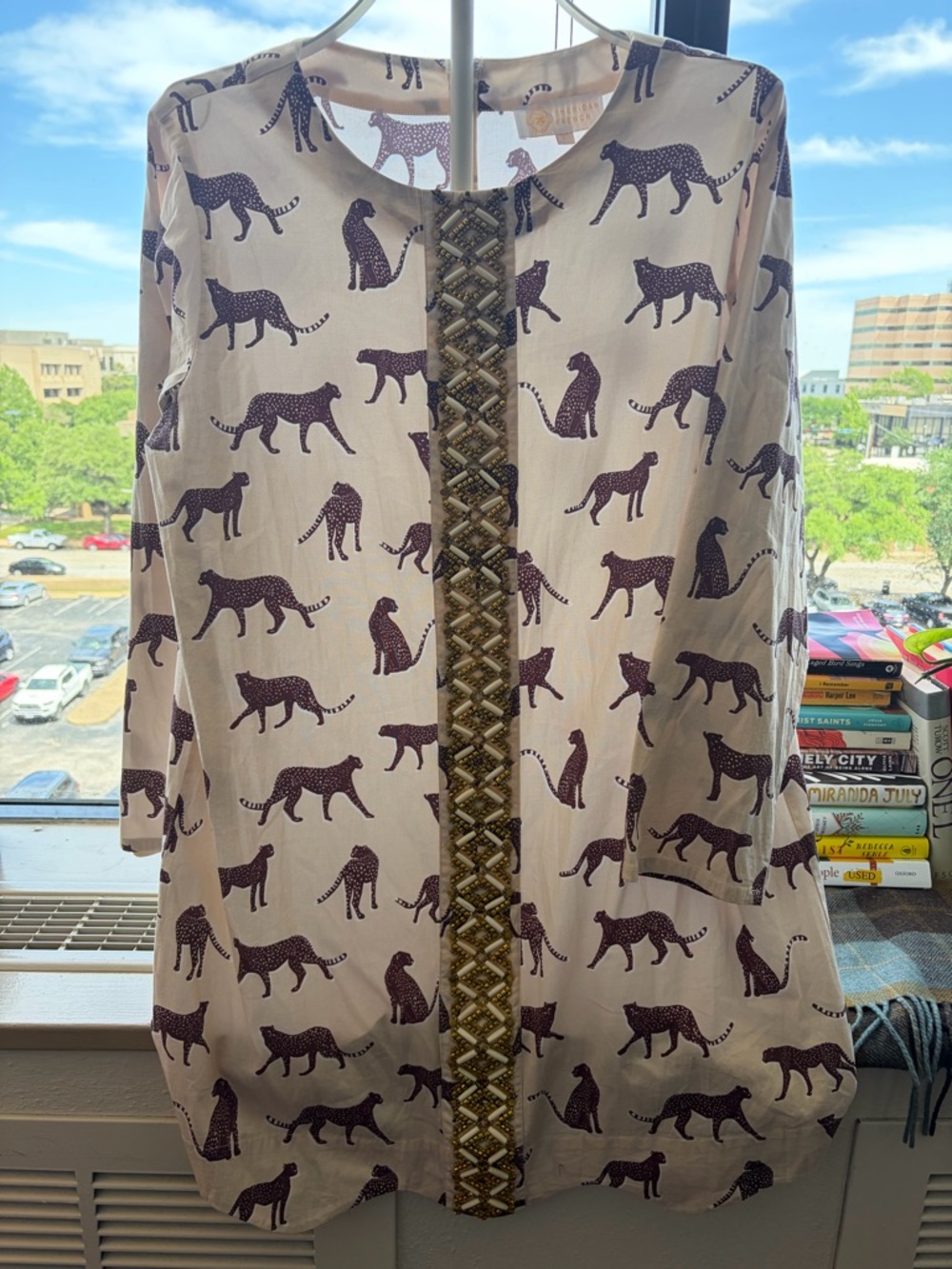 Women's Midi Dress with Leopard Print and Embellished Placket - Cream/Purple